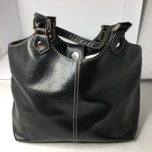 St John’s Bay Black Leather Hand Bag Vintage 3 Compartments Snap Closure 9.5" W